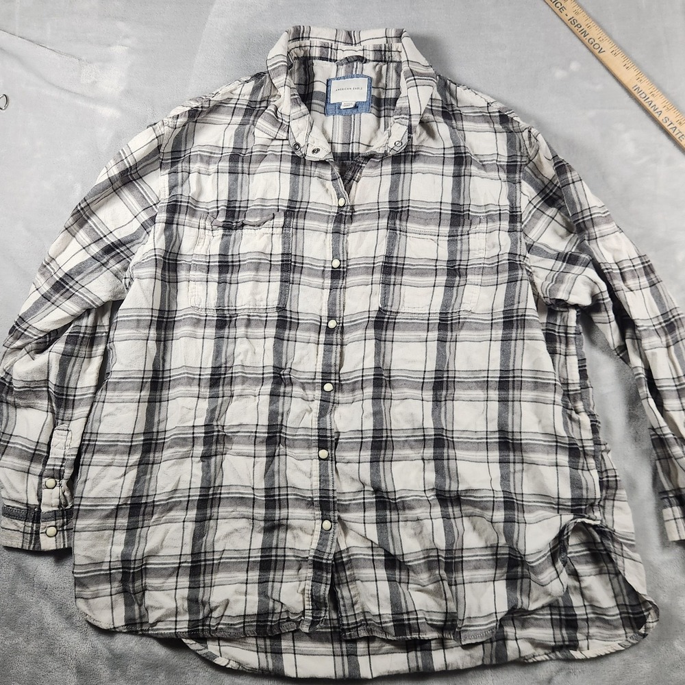 American Eagle Flannel Shirt Men XL Blue Plaid Pearl Snap Western Cowboycore